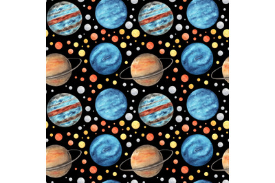 Planet watercolor seamless pattern. Jupiter, Saturn, Uranus, Neptune