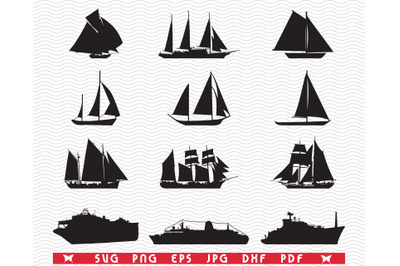 SVG Sailboats Ships, Black silhouettes, Digital clipart