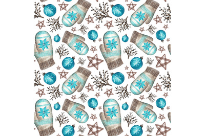 Winter mittens watercolor seamless pattern. Christmas, New Year, frost