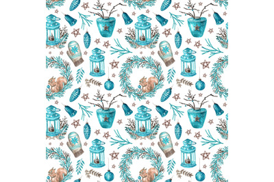 Winter watercolor seamless pattern. Christmas, New Year, holidays