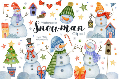 Watercolor snowman clipart. Christmas. Happy new year.