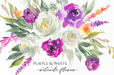 Watercolor Purple &amp; White Roses Png