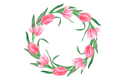 Tulips watercolor wreath (frame). Flowers, flora. Pink, green colors