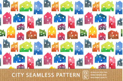 Watercolor hand drawn city houses seamless pattern Jpeg Png