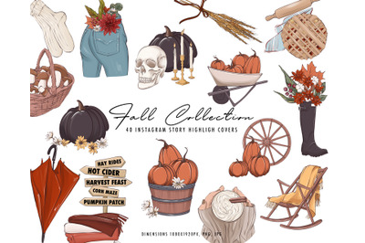 Fall clipart boho Instagram story October sublimation Autumn leaves, P