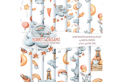 Watercolor cute bunny seamless patterns&2C; digital paper