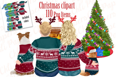 Christmas Bundle clipart, family Matching Sweaters Dog cat