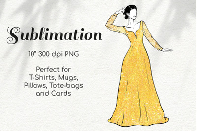 Woman in Gold Glitter Lace Dress Character Retro Sketch
