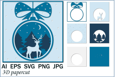 3D greeting card&2C; Christmas deer&2C; multi-layered illustration