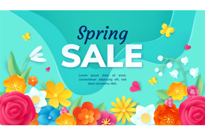 Spring sale promotion banner with paper cut flowers. Poster with 3d or