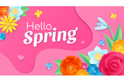 Hello spring banner with paper cut flower&2C; leaf and butterflies. Frame