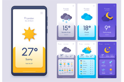 Daily weather forecast phone app in 3d paper cut style. Climate and at