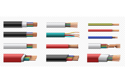 Realistic electric power coaxial cables with copper wire. 3d intertwin