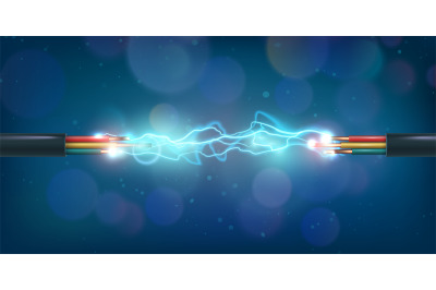 Copper power cable connection with glowing electrical spark. Colored e