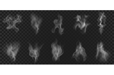 Realistic hot coffee steam, food vapor or smoke effect. Abstract aroma