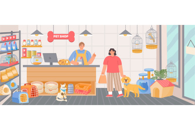 Pet shop inside interior with cashier and customer with dog. Animal fo