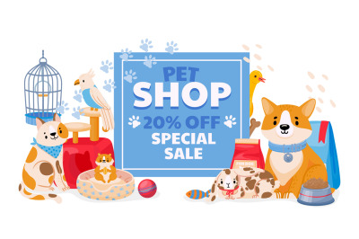 Pet shop sale banner with domestic animals&2C; dog and cat. Zoo store fly