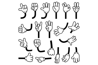 Retro comic hands gestures in gloves for cartoon characters. Doodle ar