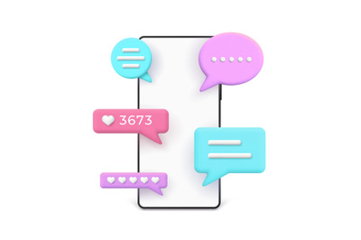 3d realistic phone with popping messages and comments in speech bubble