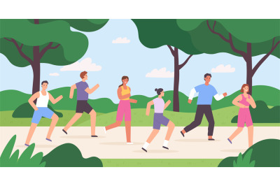 Cartoon group of people jogging in city park, race competition. Outdoo