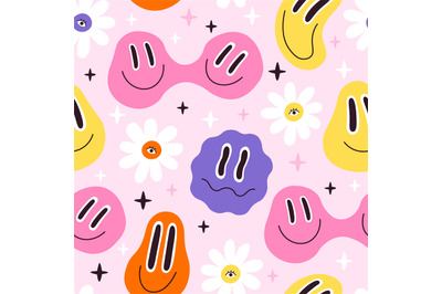 Melted smiley faces and flowers, trippy seamless pattern. Retro hippie