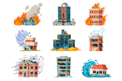 Natural disasters damage city building, earthquake, hurricane and fire