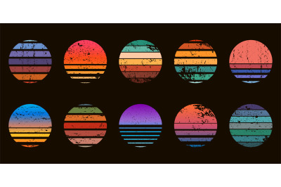 Retro 90s abstract ocean sunset circle badges. Surf beach graphic sunr