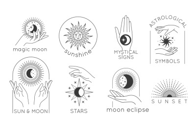 Mystic hands with star, sun and moon line logos. Astrology esoteric de