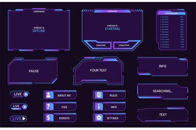 Digital futuristic ui panels and buttons, game live stream. Neon HUD f