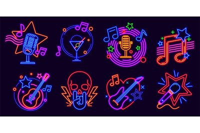 Neon signs for karaoke club and stand up comedy show. Music party nigh