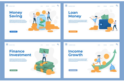 Finance landing pages with flat characters and money cash. Savings, bu