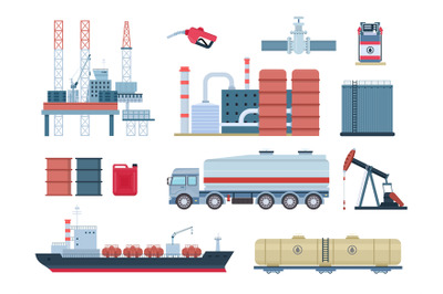 Oil industry and gas production elements, refinery and drilling platfo