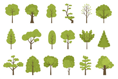 Flat forest trees icons, garden or park landscape elements. Cartoon si