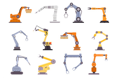 Factory robot arms, manipulators and cranes for manufacture industry.