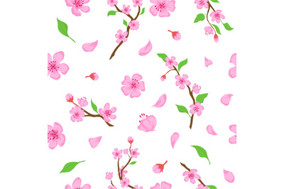 Pink sakura blossom flowers, petals and branches seamless pattern. Jap