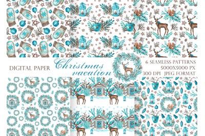 Christmas vacation seamless pattern. House, deer, squirrel, snow.
