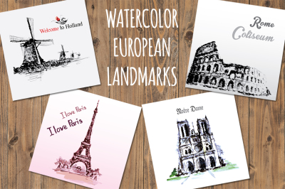 Set 4 Watercolor European landmarks