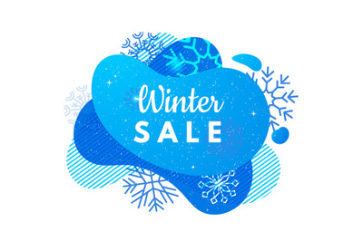 Winter sale banner. Abstract blue shape&2C; snowflakes and snowfall. Disc