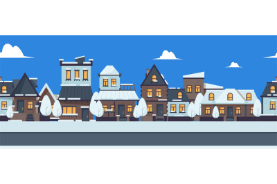 Winter street banner. Cute snowy houses seamless pattern. Suburban bui