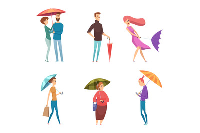 Umbrella people. Depressed characters in raining day holding and walki