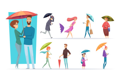 People with umbrella. Raining day walking adults male and female holdi