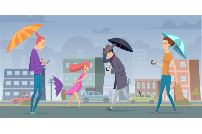 Rain in city. People walking with umbrella in urban landscape vector b