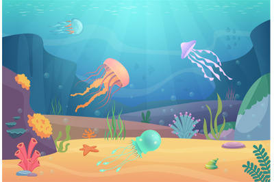 Underwater life. Ocean landscape with fishes and beautiful jellyfish a