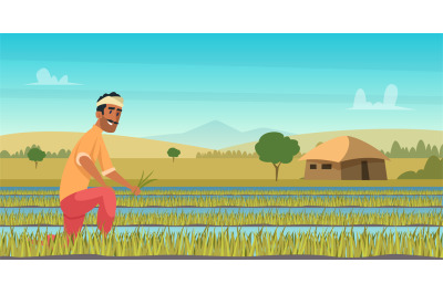 Indian agriculture working. Farmer harvesting in field asia vector bac