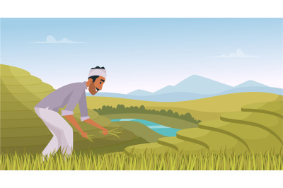 Indian agriculture landscape. Farmer working in indian rice fields rur