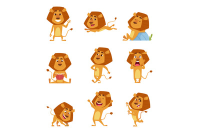 Wild lion cartoon. Cute african big lions mascot in various poses walk