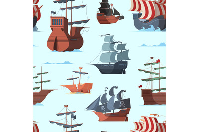 Pirate ship pattern. Old shipping boat adventure concept seamless vect