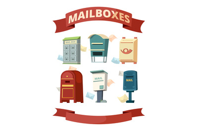 Mail boxes. Containers for post letters vector illustrations set