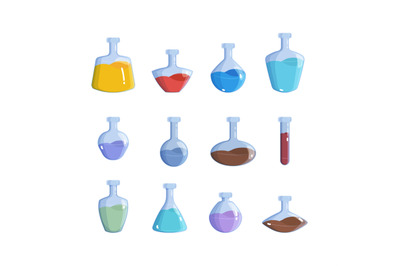 Magic bottles. Alchemy potion elemental magic 2d game items vector col