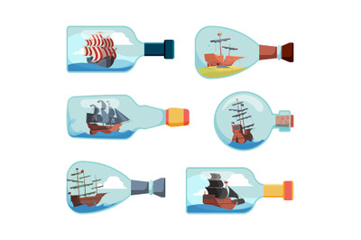 Ship in bottles. Decorative marine souvenir bottles boat vector illust